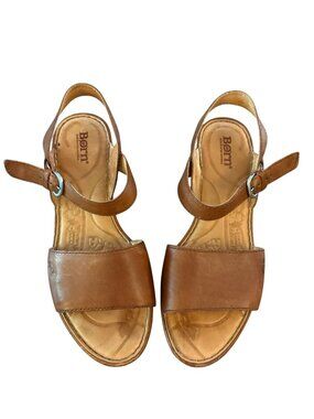 Born Brown Leather Wedge Sandals With Adjustable Strap & Open Toe Design Size 9